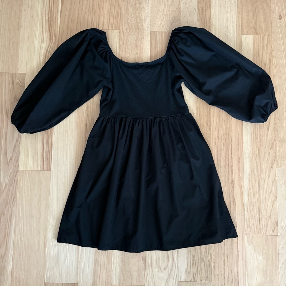 Nation LTD Heddie Combo Babydoll puff 3/4 sleeves Dress Size M In Jet Black - Picture 8 of 14